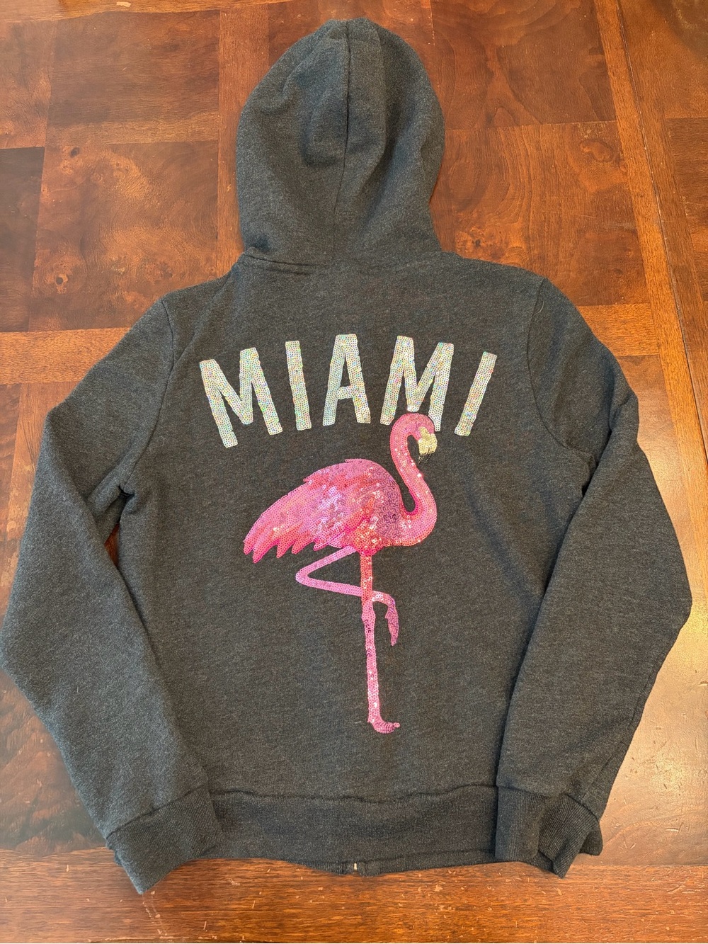 Victoria’s Secret PINK Gray Sequin Miami Flamingo Full Zip Hoodie Small Y2K